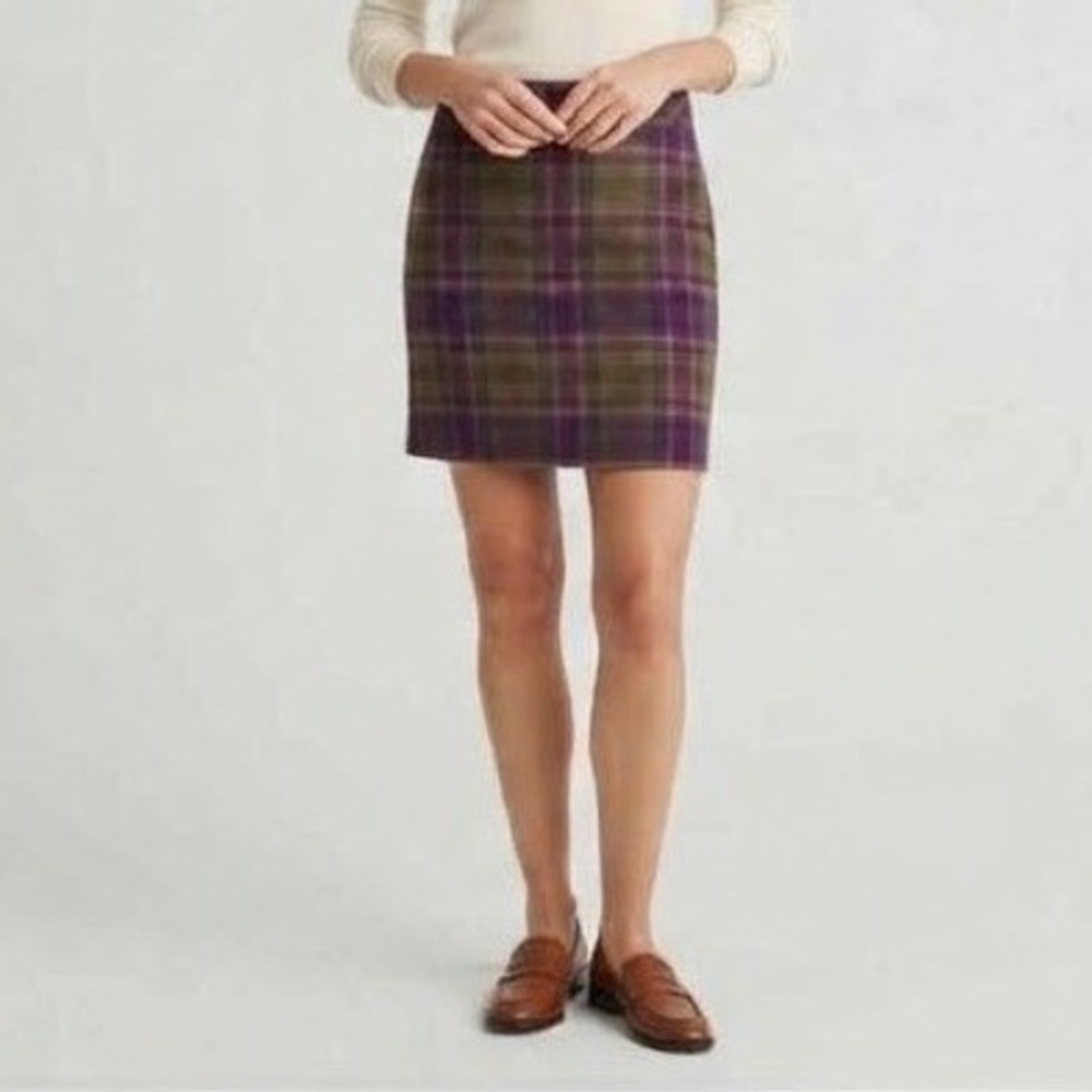 L.L.Bean Plaid Wool Skirt Womens 14 Purple Green Tartan Pencil Excellent 264378